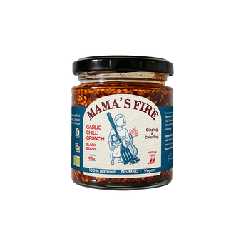 Mama's Fire Garlic Chilli Crunch jar, crispy garlic Sichuan chilli oil