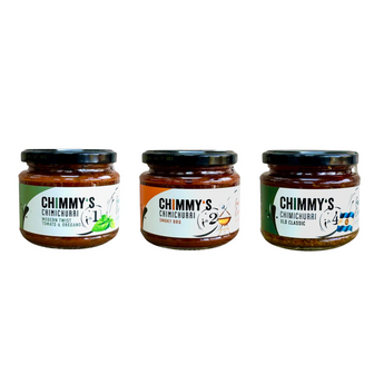Three jars of Chimmy's chimichurri sauce on a white background