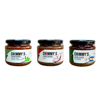Three jars of Chimmy's chimichurri sauce on a white background