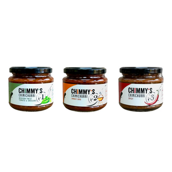 Three jars of Chimmy's Chimichurri sauce on a white background