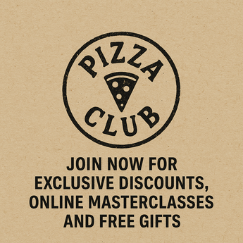 Pizza Club advertisement on brown paper with text about exclusive discounts, masterclasses, and free gifts.