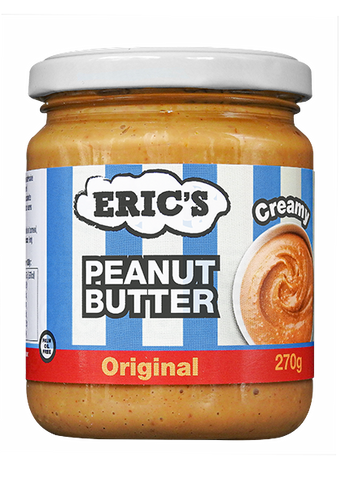 A 270g glass jar of Eric's Creamy Peanut Butter, Original flavor, featuring a blue and white striped label with a red bottom band and a white lid.