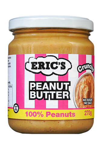 A 270g glass jar of Eric's Crunchy Peanut Butter on a white background. The jar has a white lid and a label featuring pink and white stripes, the brand name 'ERIC'S' in a cloud outline, and 'PEANUT BUTTER' in bold black letters.