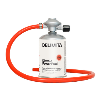Delivita Diavolo PowerFuel gas cartridge with red hose on a white background