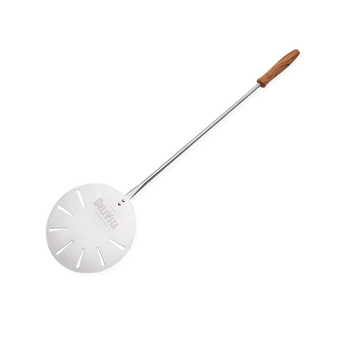 Metal pancake turner with wooden handle on a black background