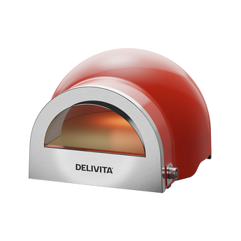 Red DELIVITA pizza oven on a white background