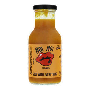Bottle of Moi Moi sauce with a yellow label on a white background