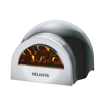 Delivita pizza oven with visible flames inside on a white background
