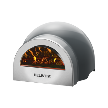 Delivita pizza oven with visible flames inside on a white background