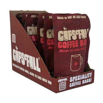 A display box filled with multiple CUPSTULL Specialty Coffee Bag packets, shown on a plain white background.