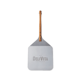 White pizza peel with wooden handle on a black background, featuring the DeliVita logo.