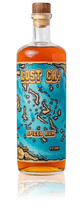 A bottle of The Custom Spirit Co Lost Cay Spiced Rum with a colorful label featuring a map and tropical theme.