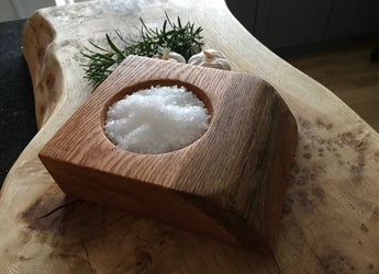 Small handmade wooden salt cellar with hand turned centre