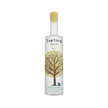 Sapling Gin bottle with tree design on a white background