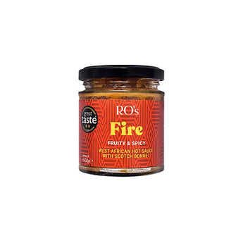 Jar of RO's Fire hot sauce on a white background