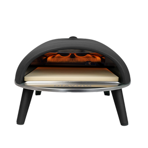 Portable pizza oven with open door showing glowing interior on a white background