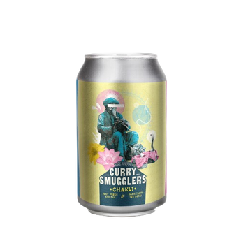 Can with a colorful label featuring an illustration of a person and text on a white background