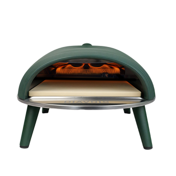 Portable pizza oven with open door showing glowing interior on a white background