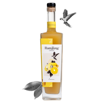Bottle of RanTang lemon liqueur with a label featuring lemons and a bird, on a white background.