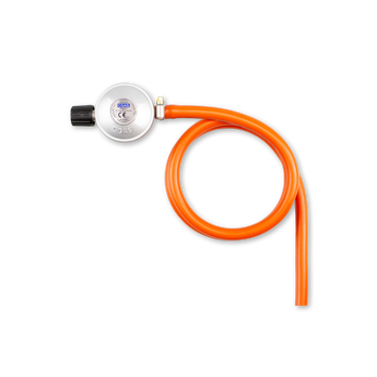 Orange hose with a silver and black valve on a white background