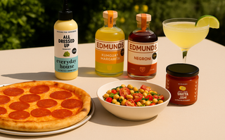 summer eating featuring Edmunds Cocktails, shatta jam, all dressed up dressing with a chickpea salad and pepperoni pizza 