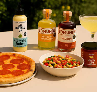 summer eating featuring Edmunds Cocktails, shatta jam, all dressed up dressing with a chickpea salad and pepperoni pizza 