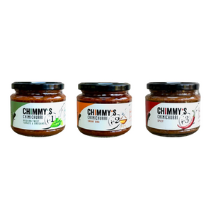 Three jars of Chimmy's Chimichurri sauce on a white background