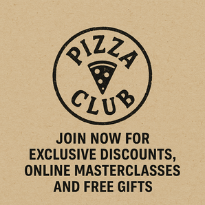 Pizza Club advertisement on brown paper with text about exclusive discounts, masterclasses, and free gifts.