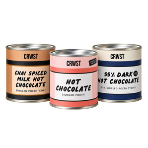 CRWST hot chocolate trio with Chai Spiced Milk, classic Hot Chocolate and 55% Dark Hot Chocolate tins