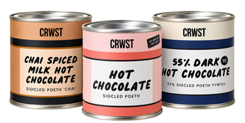 CRWST hot chocolate trio with Chai Spiced Milk, classic Hot Chocolate and 55% Dark Hot Chocolate tins