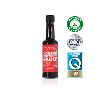 Bottle of Korean sweet and spicy sauce with awards on a white background
