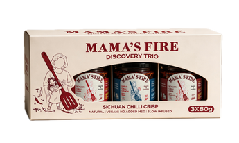 Mama's Fire Chilli Crisp Discovery Trio gift box with three 80g jars