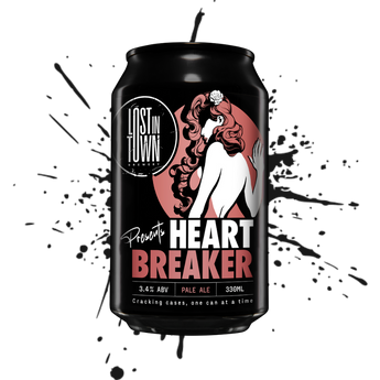 A can of Lost In Town HEARTBREAKER Pale Ale with a graphic design featuring a stylized woman's face and text details.