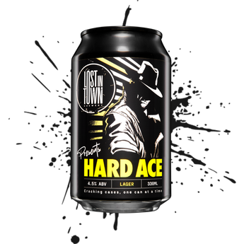 A can of Lost In Town HARD ACE Lager, showing the brand logo, beer name, and 'Creating Cans & Bottles Since 1999' text.