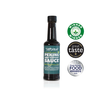 Bottle of Peking sweet & savoury sauce with 'Great Taste' and 'Great British Food Awards' badges on a white background