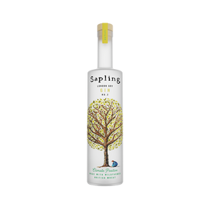 Sapling Gin bottle with tree design on a white background