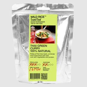 Packaged food product with a green label on a white background