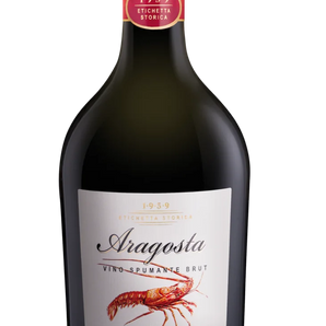 Bottle of Aragosta Brut Spumante Bianco, Sardinian sparkling Vermentino wine with fine bubbles, floral aroma, and crisp elegant finish.