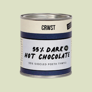 Can of 55% dark hot chocolate with 'CRWST' branding on a light green background