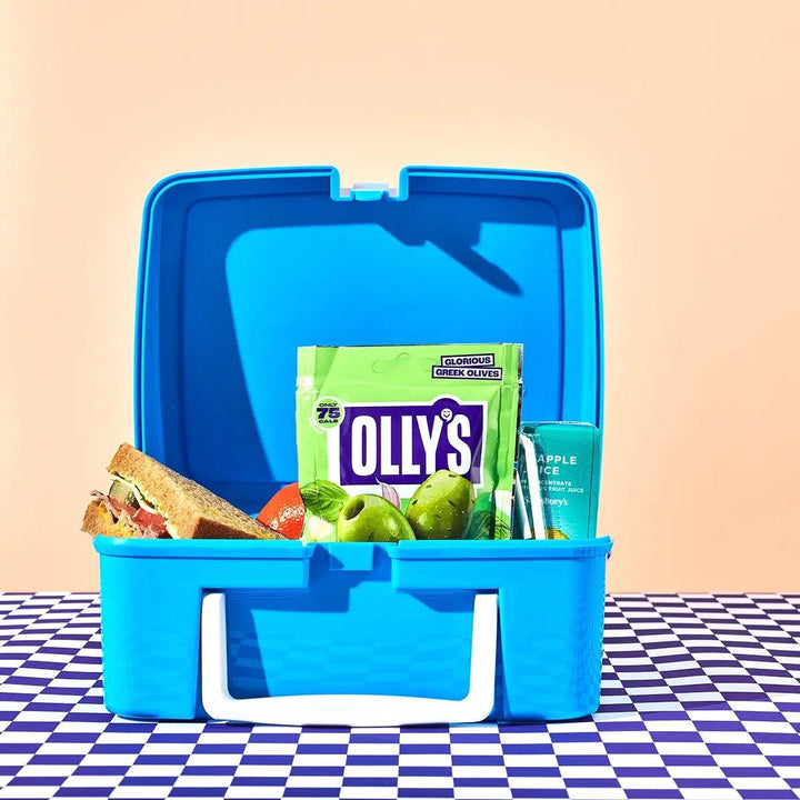 Olly's garlic and basil green olives in a blue lunchbox