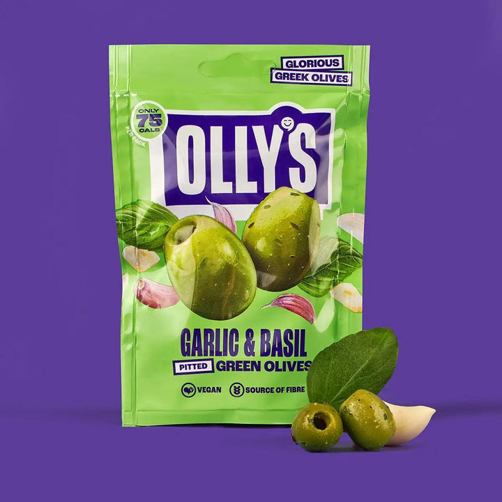 Olly's garlic and basil green olives pouch on purple background