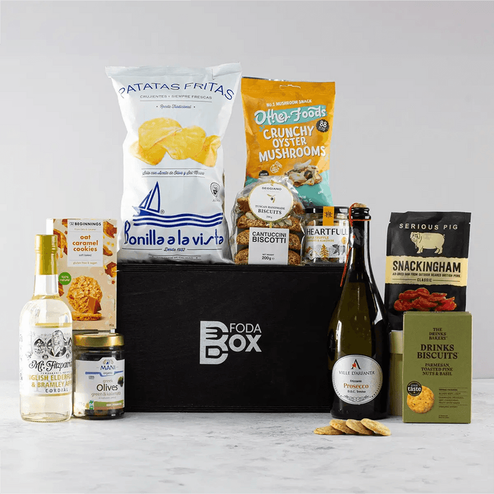 Prosecco and Gourmet Snacks Hamper in Luxury Pine Box - Chefs For Foodies