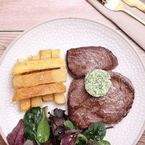 Rump Steak Herb Butter and triple cooked Chips Cooking Recipe Kit Serves 2 created by Chef Daniel Galmiche - Chefs For Foodies